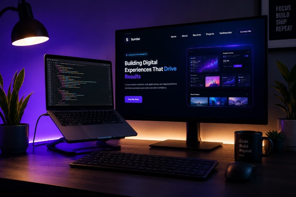 Developer workspace with monitor, laptop, and purple ambient lighting